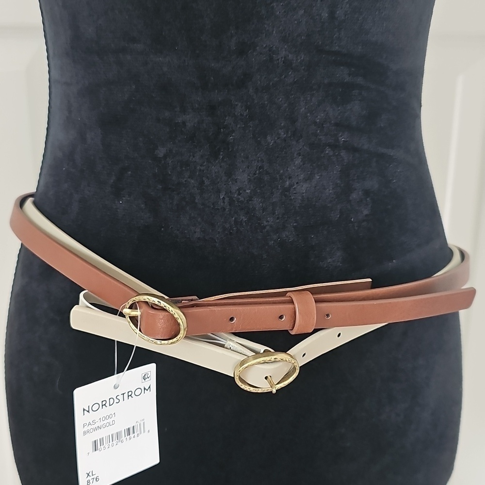 New Nordstrom Set Of 2 Hammered Buckle Faux Leather Belts Brown/Gold XLarge